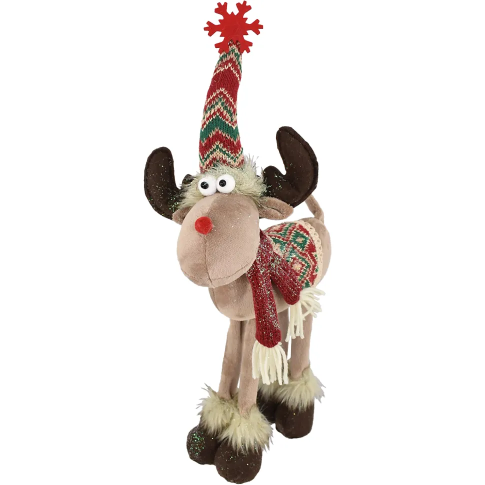 PLUSH REINDEER STANDING 15″ W/ SNOWFLAKE SANTA HAT RED/GREEN