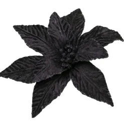 POINSETTIA HEAD BLACK 10″ VELVET W/ GLITTER EDGE & CLIP