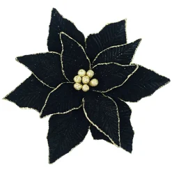 POINSETTIA HEAD BLACK 11.5″ VELVET W/ GOLD GLITTER EDGE & CLIP