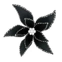 POINSETTIA HEAD BLACK /WHITE 7.5″ FABRIC W/RIBBON EDGE W/ CLIP