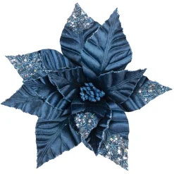 POINSETTIA HEAD BLUE NAVY 10″VELVET W/ SEQUINS & GLITTER W/ CLIP