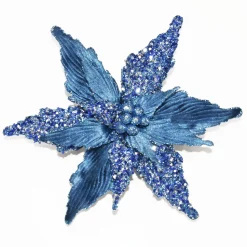 POINSETTIA HEAD BLUE SCUBA 12″ W/GLITTER W/CLIP