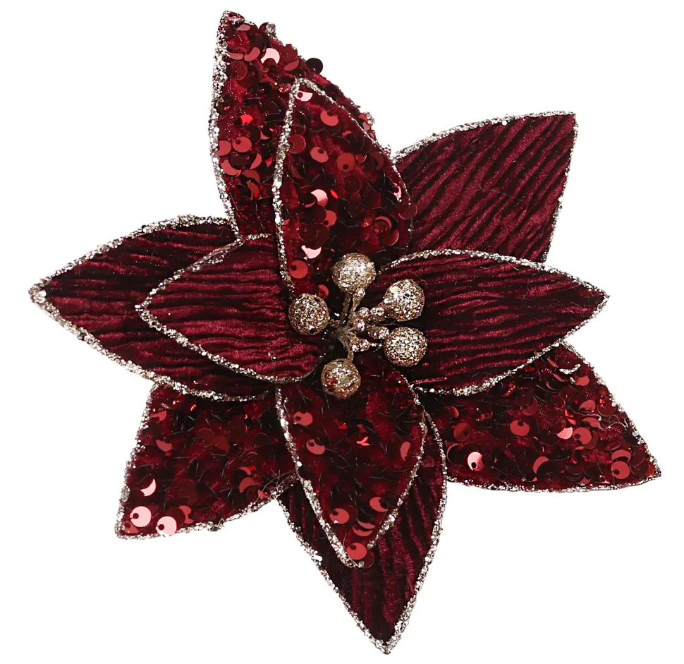POINSETTIA HEAD BURGUNDY 7.5″ VELVET W/ SEQUIN & CLIP