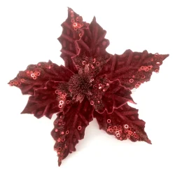 POINSETTIA HEAD BURGUNDY 5″ VELVET W/SEQUIN & CLIP