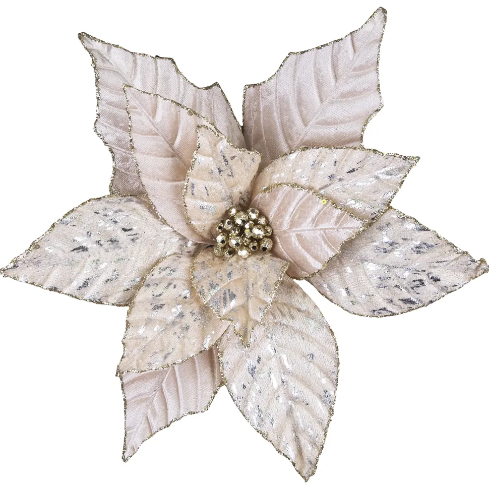 POINSETTIA HEAD CHAMP 12″ VELVET W/ SILVER FOIL & CLIP
