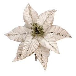 POINSETTIA HEAD CHAMPAGNE 5″ VELVET W/ CH. GLITTER & CLIP