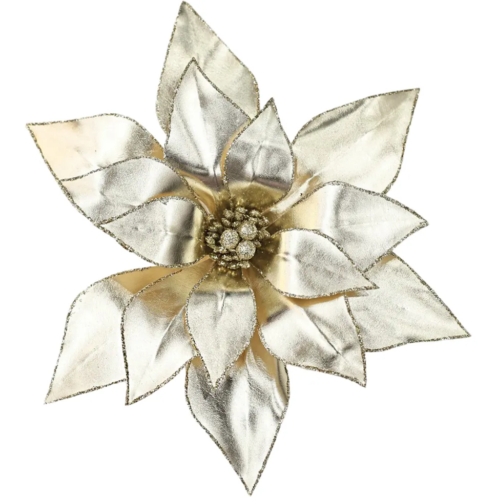 POINSETTIA HEAD CHAMPAGNE 13″ METALIC W/ CLIP