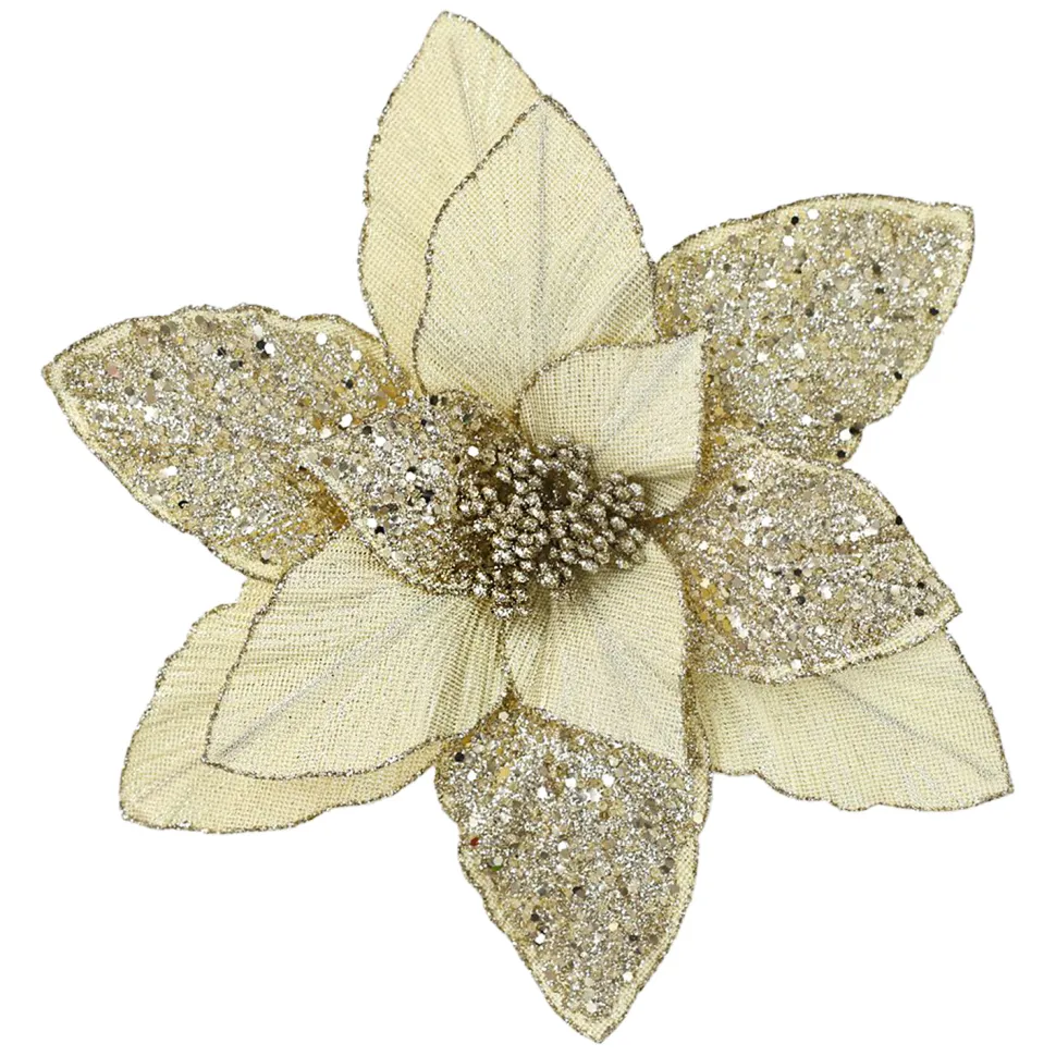 POINSETTIA HEAD CHAMPAGNE 11.5″ GLITTER METALLIC W/ CLIP