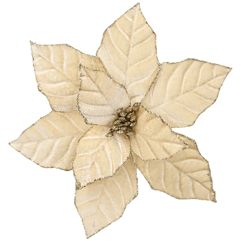 POINSETTIA HEAD CHAMPAGNE 9.5″ VELVET W/ CLIP