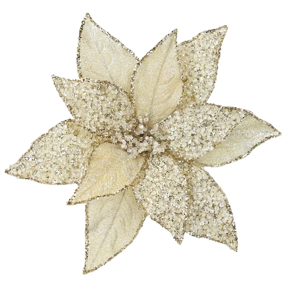 POINSETTIA HEAD GOLD 11.5″ METALLIC ICED W/ CLIP