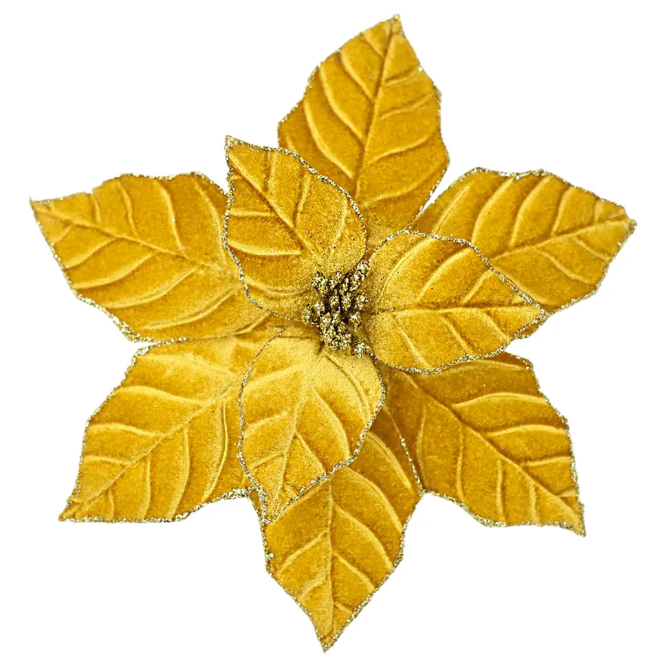 POINSETTIA HEAD GOLD 9.5″ VELVET W/ CLIP