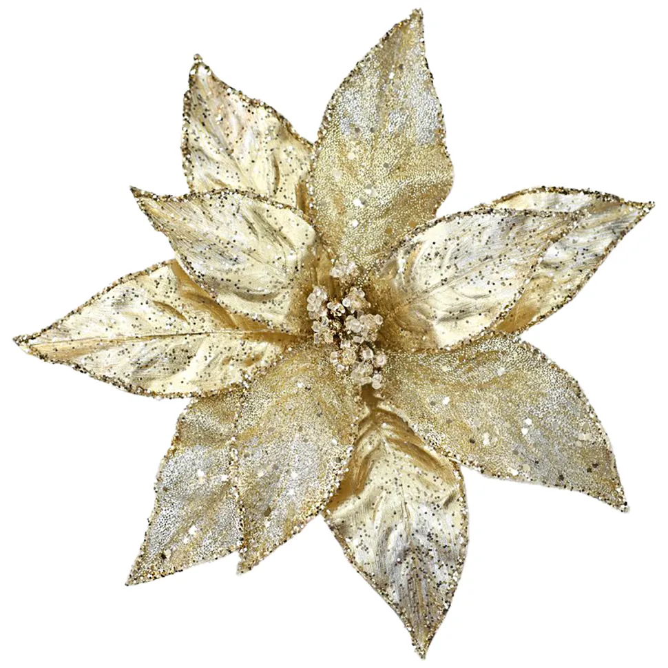 POINSETTIA HEAD GOLD/SILVER 11″ GLITTER METALLIC W/ CLIP