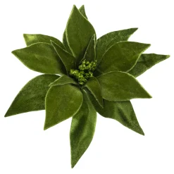 POINSETTIA HEAD GREEN 9″ VELVET W/ CLIP