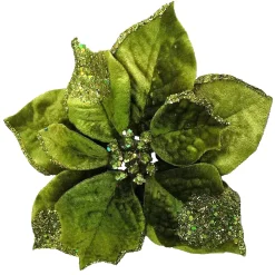 POINSETTIA HEAD GREEN CHARTREUSE 9″ GLITTER CARDED W/ CLIP