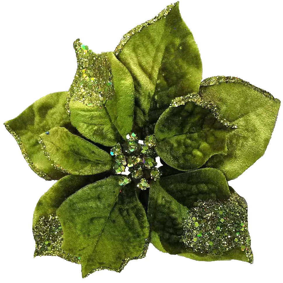 POINSETTIA HEAD GREEN CHARTREUSE 9″ GLITTER CARDED W/ CLIP