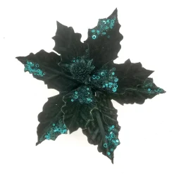 POINSETTIA HEAD GREEN EMERALD 5″ VELVET W/ SEQUIN & CLIP