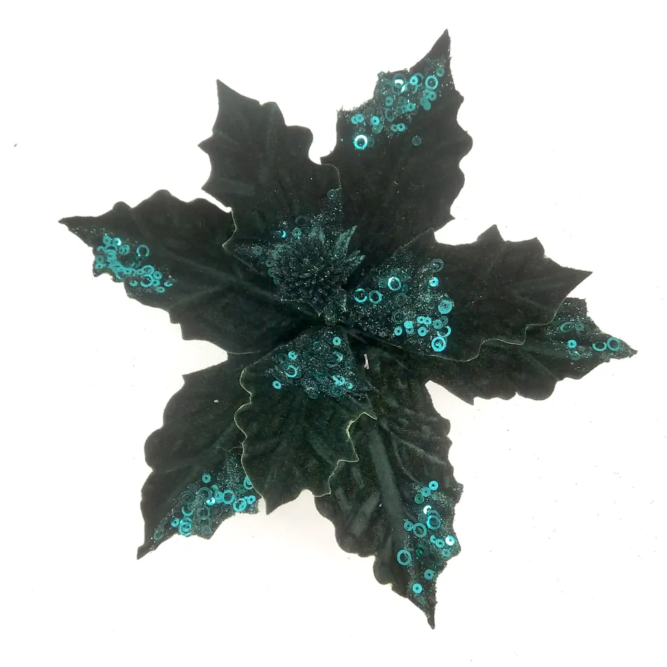 POINSETTIA HEAD GREEN EMERALD 5″ VELVET W/ SEQUIN & CLIP