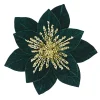 POINSETTIA HEAD GREEN EMERALD 11.5″ VELVET W/GOLD SEQUINS W/ CLIP