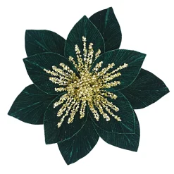 POINSETTIA HEAD GREEN EMERALD 11.5″ VELVET W/GOLD SEQUINS W/ CLIP