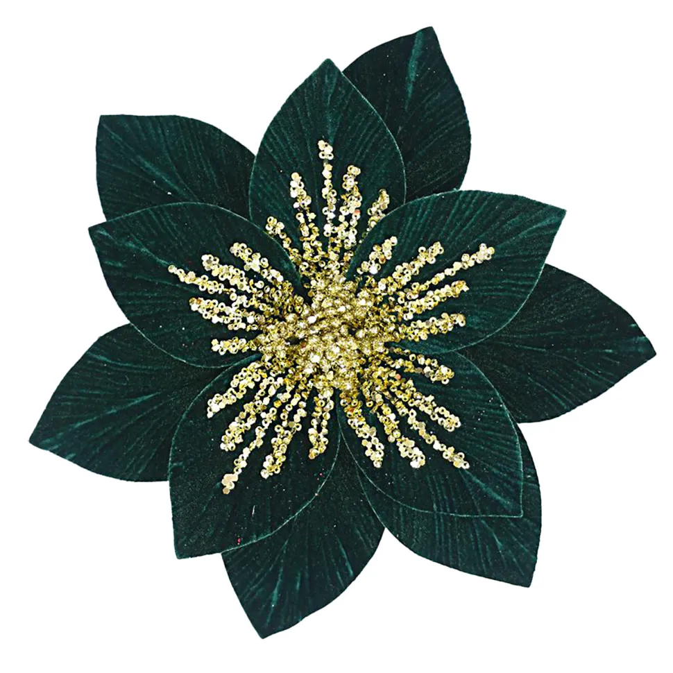 POINSETTIA HEAD GREEN EMERALD 11.5″ VELVET W/GOLD SEQUINS W/ CLIP