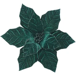 POINSETTIA HEAD GREEN EMERALD 9.5″ VELVET W/ CLIP