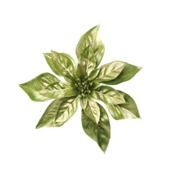 POINSETTIA HEAD GREEN/ GOLD 9″ METALLIC W/GLITTER W/CLIP