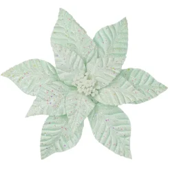 POINSETTIA HEAD GREEN MINT 12″ VELVET W/ GLITTER & CLIP