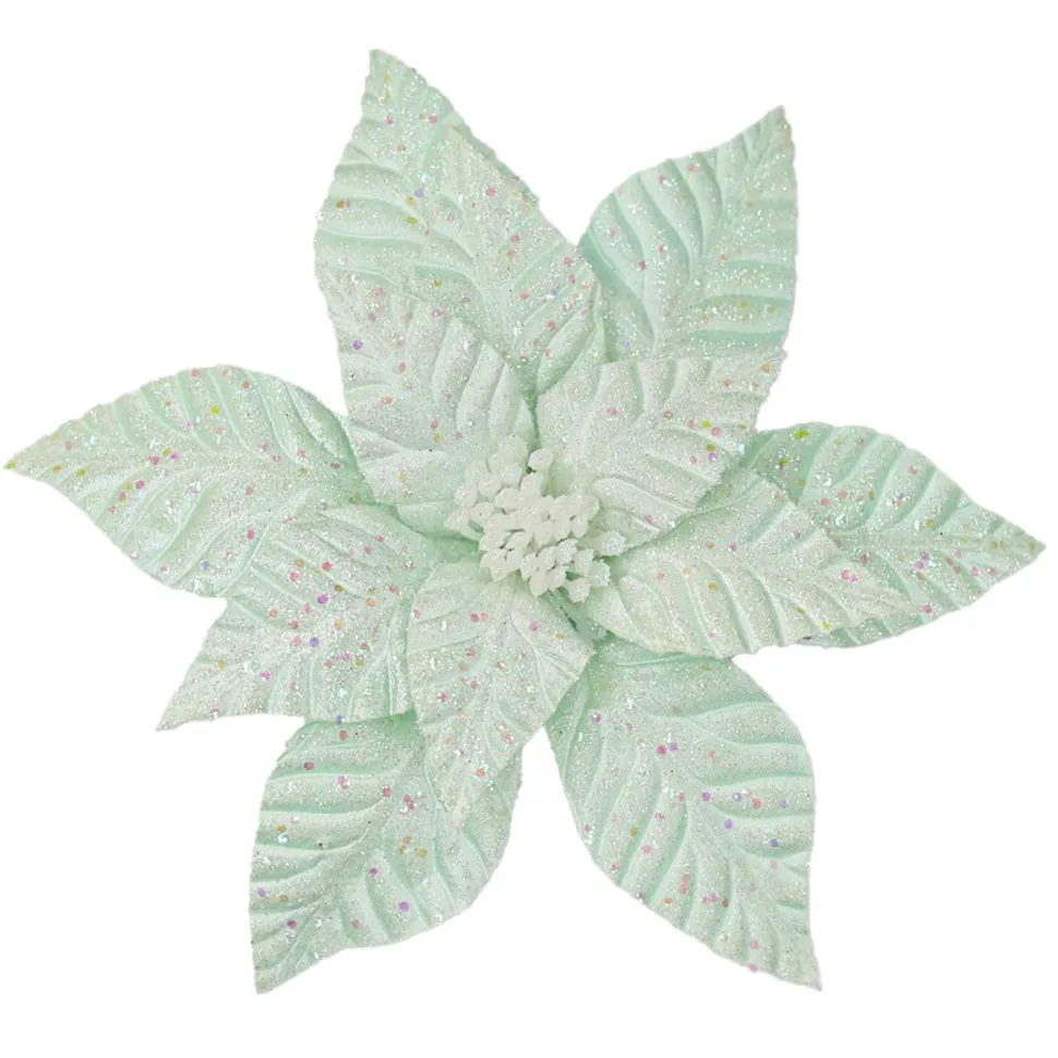 POINSETTIA HEAD GREEN MINT 12″ VELVET W/ GLITTER & CLIP