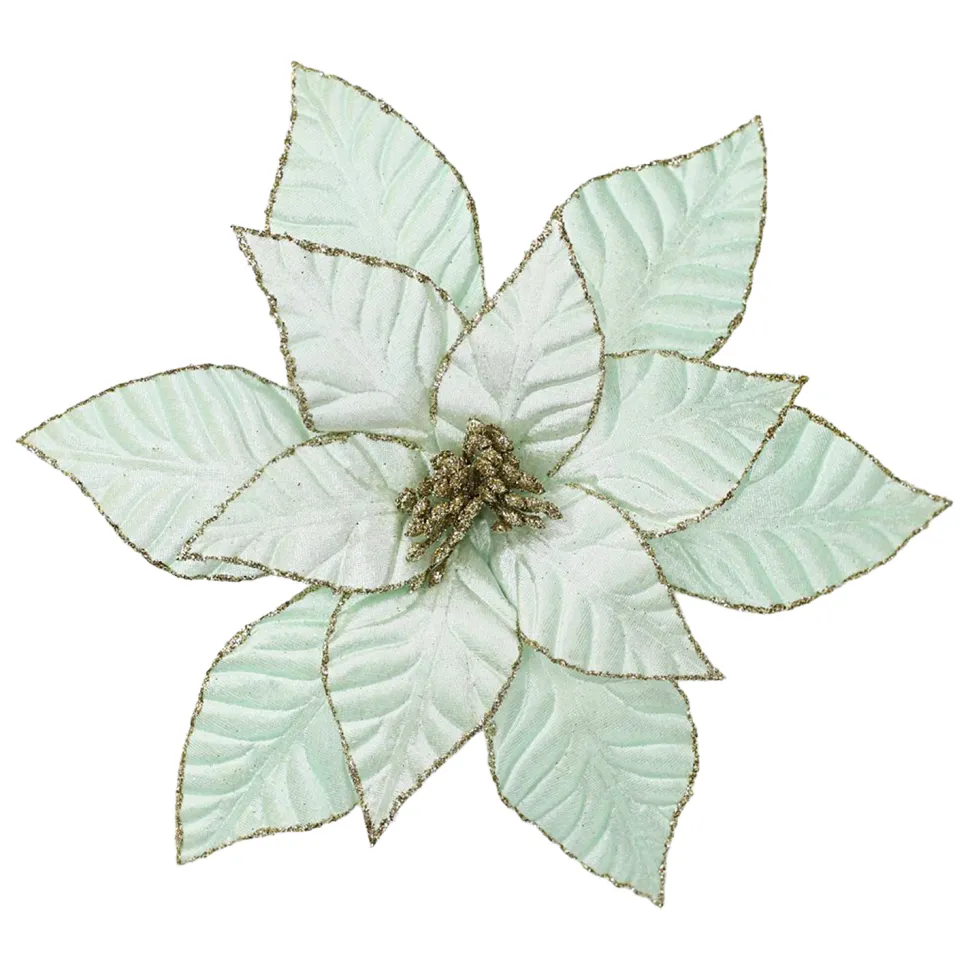 POINSETTIA HEAD GREEN MINT 12″ VELVET W/ CH GLITTER & CLIP