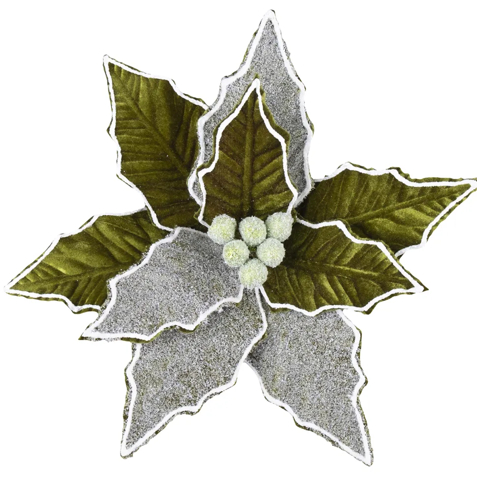 POINSETTIA HEAD GREEN MOSS 11″ VELVET W/ FROSTED PETALS & CLIP