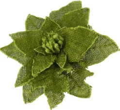 POINSETTIA HEAD GREEN/ MOSS 6″ BURLAP W/GLITTER TRIM & CLIP