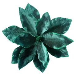 POINSETTIA HEAD GREEN PEACOCK 10.5″ VELVET W/ GLITTER EDGE & CLIP