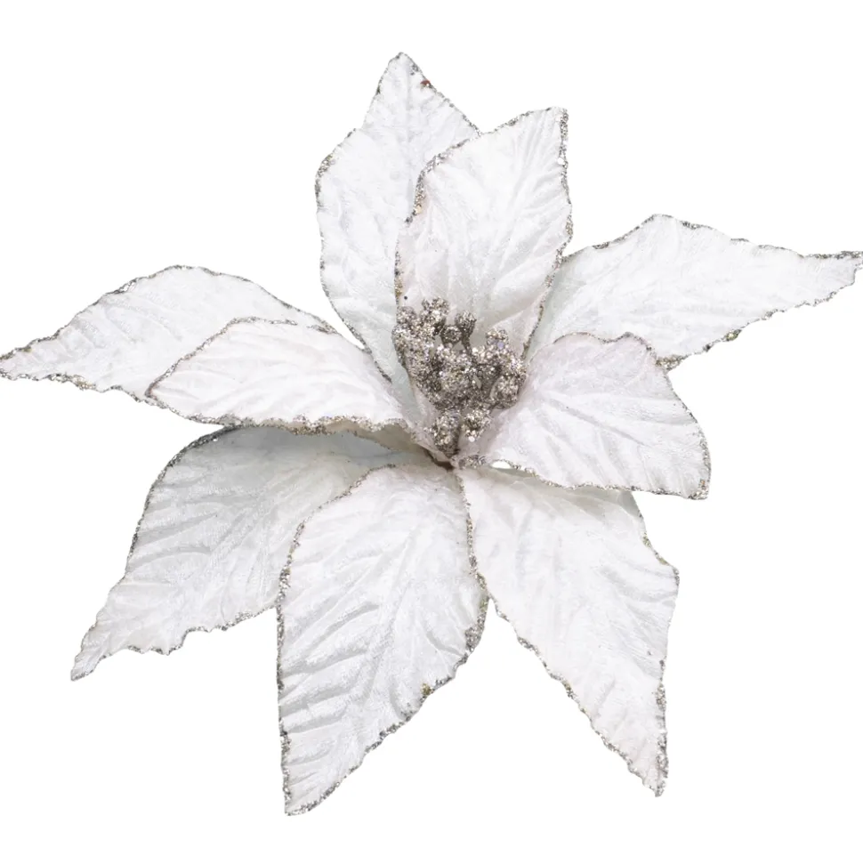 POINSETTIA HEAD IVORY / BEIGE 10″ VELVET W/GLITTER EDGE & CLIP