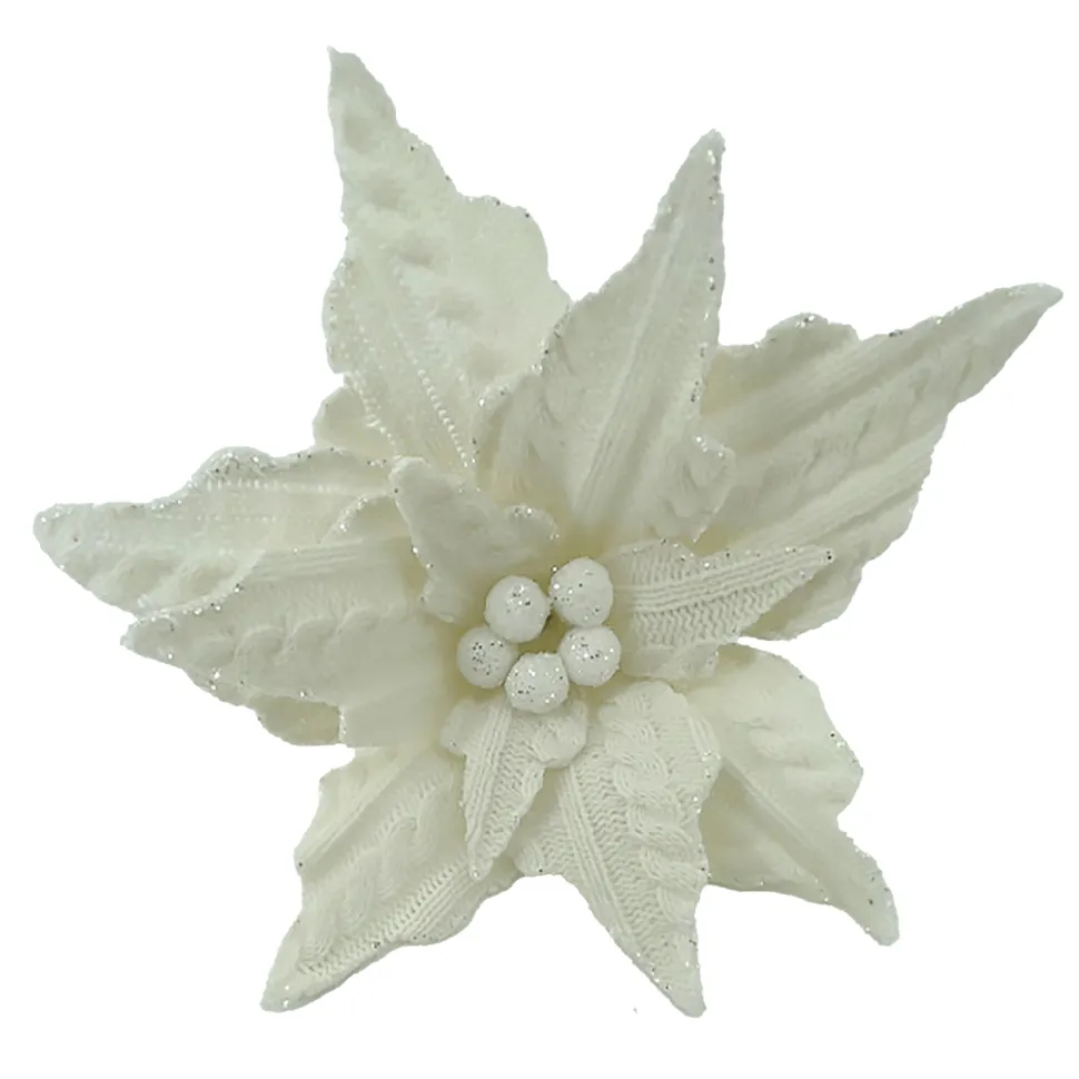 POINSETTIA HEAD IVORY 7.5″ KNITTED FABRIC W/CLIP