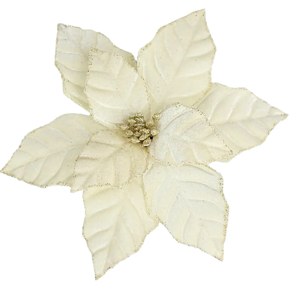 POINSETTIA HEAD IVORY 9.5″ VELVET W/ CLIP
