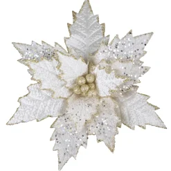 POINSETTIA HEAD IVORY 11″ W/ GLITTER BORDER W/ CLIP