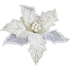 POINSETTIA HEAD IVORY 11″ W/SEQUINS BORDER & CLIP