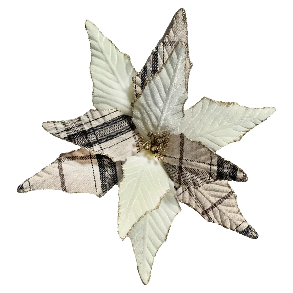POINSETTIA HEAD IVORY 2-TONE 10.5″ VELVET/ FABRIC W/ CLIP