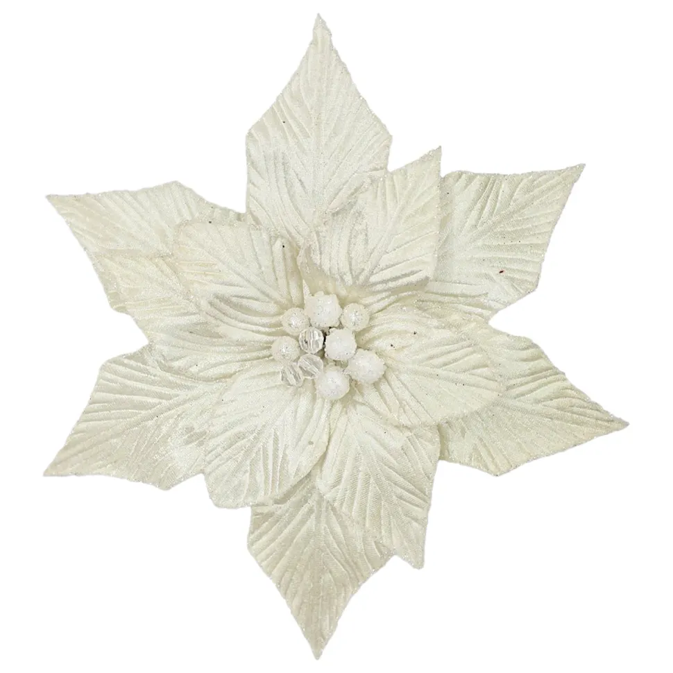POINSETTIA HEAD IVORY /WHITE 12″ VELVET W/ CLIP