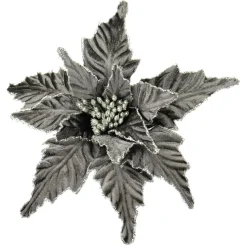 POINSETTIA HEAD PLATINUM 11″ VELVET W/ GLITTER & CLIP