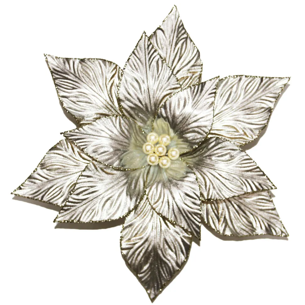 POINSETTIA HEAD PLATINUM 12″ W/ WHITE POLLEN W/ CLIP