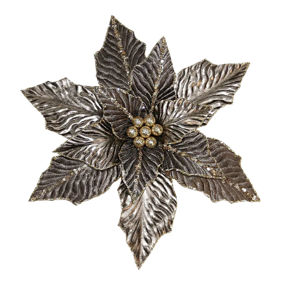 POINSETTIA HEAD PLATINUM 11.5″ METALLIC W/ GOLD GLITTER