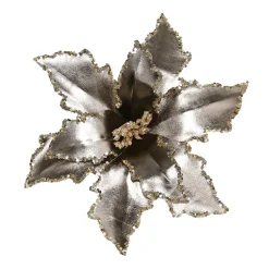 POINSETTIA HEAD PLATINUM 12″ METALLIC W/GOLD SEQUIN & CLIP