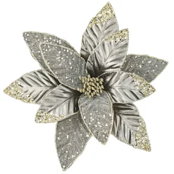 POINSETTIA HEAD PLATINUM GRAY 12.5″ LEATHER CH GLITTER W/ CLIP
