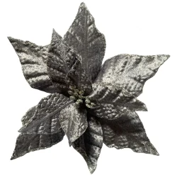 POINSETTIA HEAD PLATINUM 7.5″ VELVET W/SILVER GLITTER EDGE & CLIP