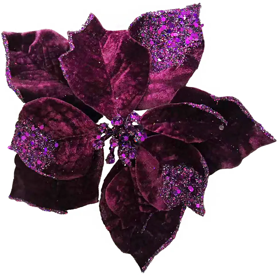 POINSETTIA HEAD PURPLE 9″ GLITTER CARDED W/ CLIP