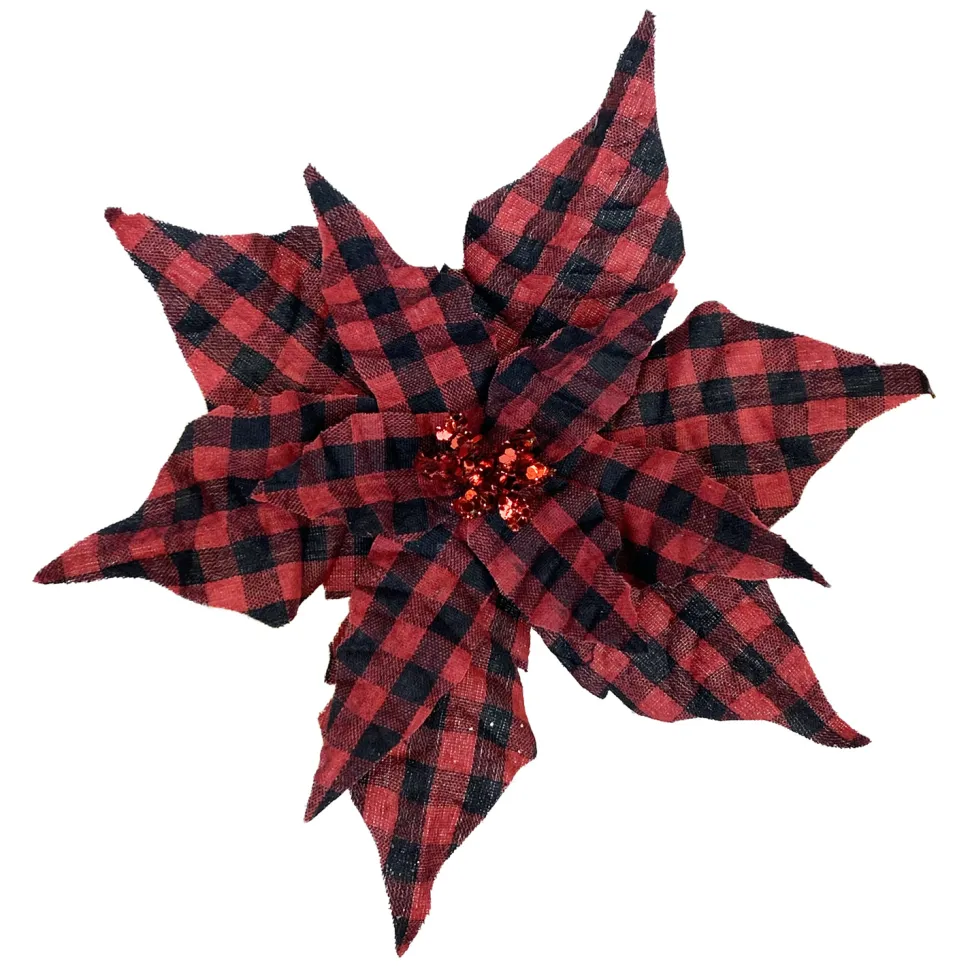 POINSETTIA HEAD RED / BLACK 9″ PLAID W/GLITTER & CLIP