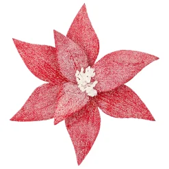POINSETTIA HEAD RED 11.5″ FROSTED WOOL W/ CLIP