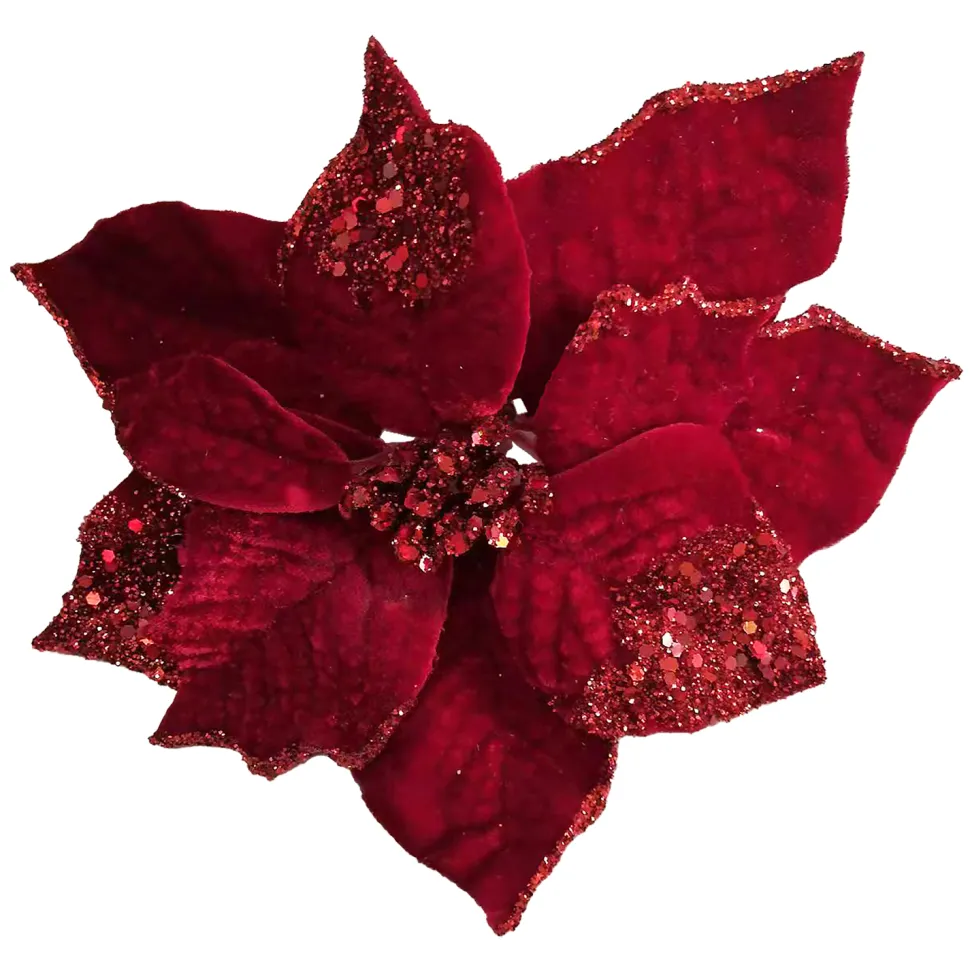 POINSETTIA HEAD RED 9″ GLITTER CARDED W/ CLIP