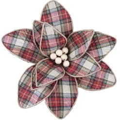 POINSETTIA HEAD RED / GRN/ BEIGE 11″ PLAID W/ WOODEN BEADS & CLIP